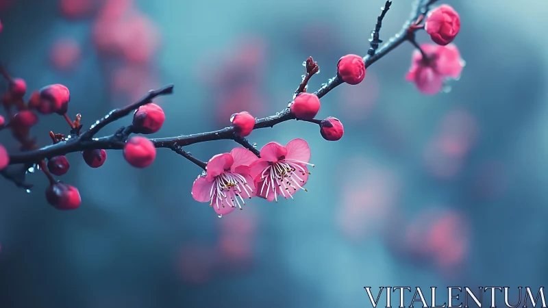 Pink Blossoms and Buds on Dark Branch Against Blurred Backdrop