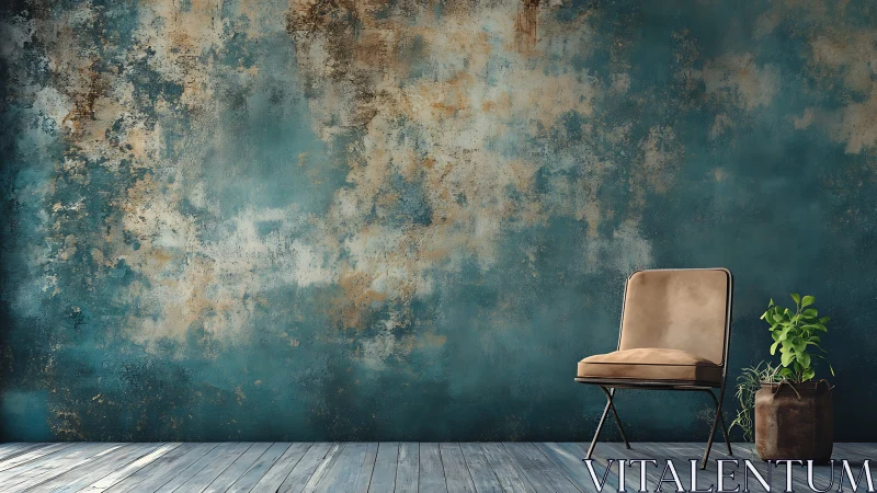 Modern velvet chair against teal textured wall in studio.
