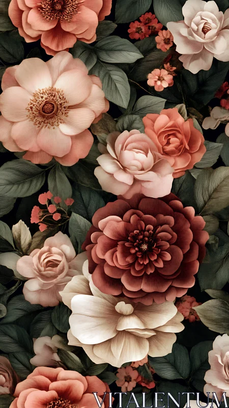 Vintage Botanical Garden: Lush Floral Arrangement Dark Background