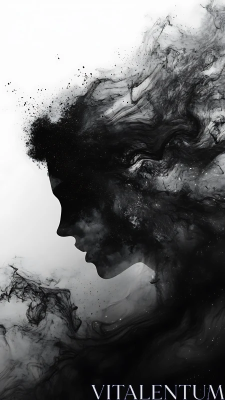 Ink-born silhouette exhales galaxies of drifting memory