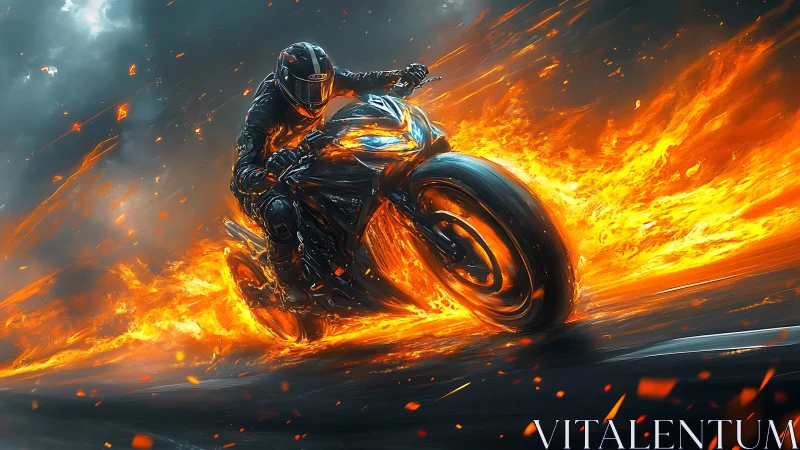 Flaming superbike racer cutting through stormy night road.