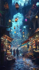 Night market alley glows with layered lantern illumination