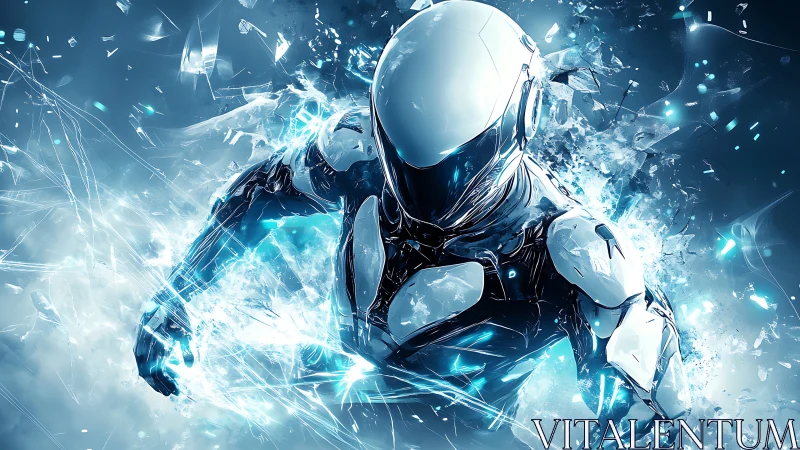 Cyborg warrior shatters glass in electric blue energy burst.