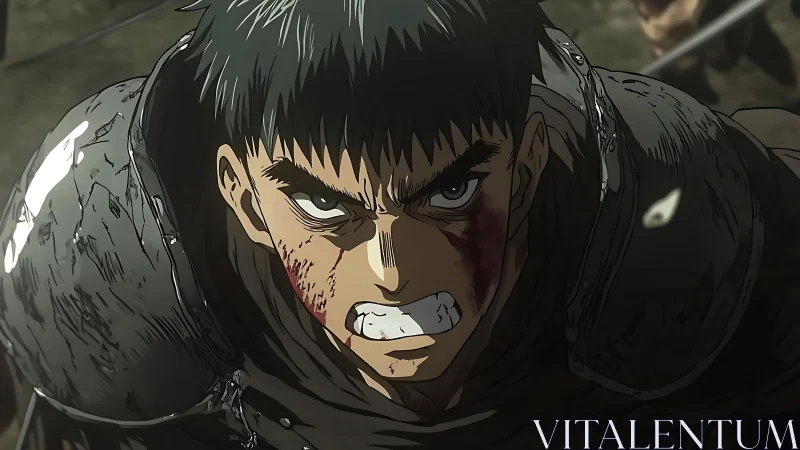 Battle-scarred warrior glares upward with fierce resolve