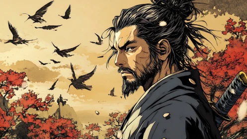 Samurai profile under migratory crows in autumnal canyon skies.