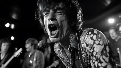 Black and white close-up of singer yelling into microphone.