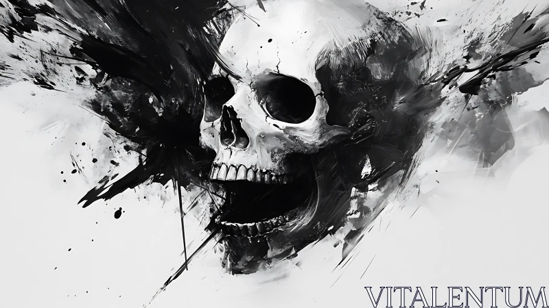 Monochrome cranial shockwave in dynamic ink dispersion field.