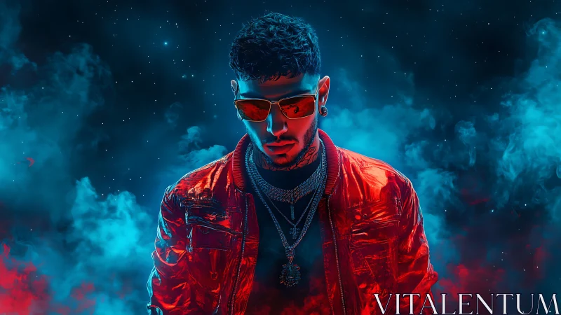 Neon-lit streetwear portrait in red jacket and cosmic haze.