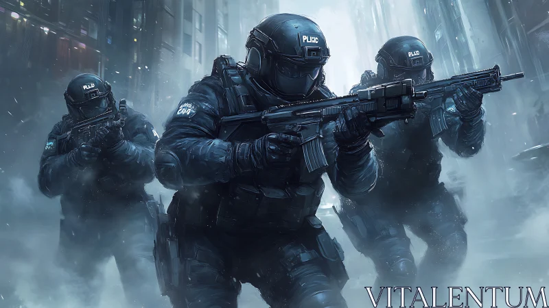 Armored police assault team advances through neon urban fog