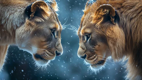 Two Lionesses Face-to-Face in Snow.