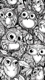 Intricate owl line art pattern with dense forest foliage.
