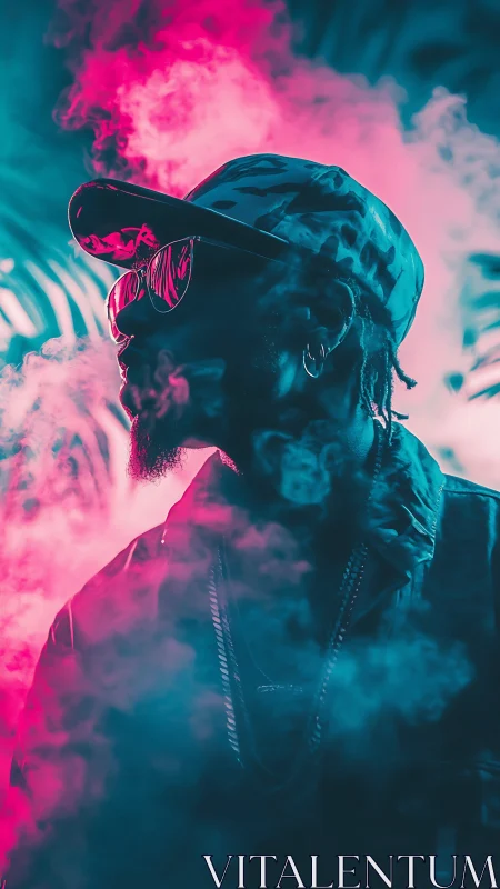 Neon vapor portrait with cinematic bicolor rim lighting.