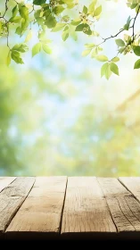 Rustic wooden tabletop under soft-focus spring foliage backdrop.