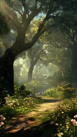 Enchanted Forest Path Through Ancient Trees and Blooming Flowers