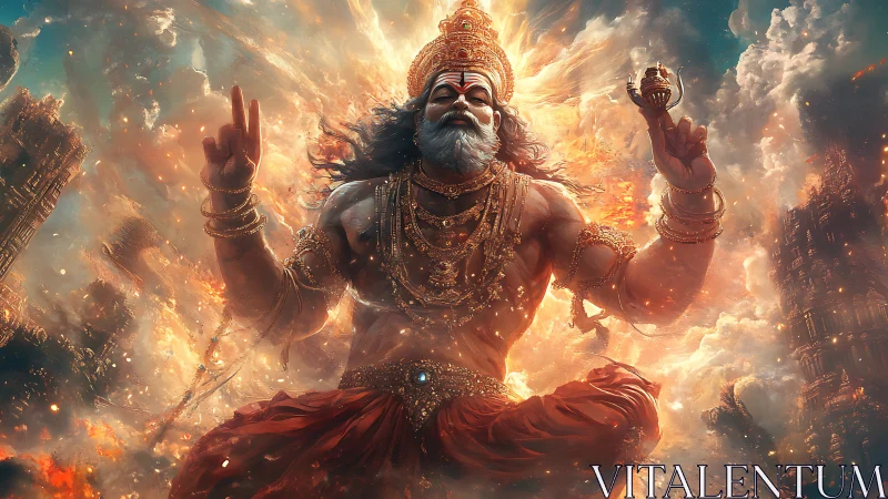 Divine warrior deity rises amid burning celestial ruins