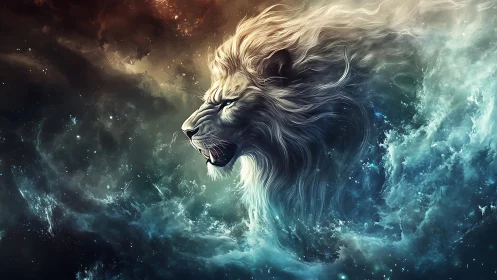 Cosmic lion spirit rising through swirling starlit clouds.