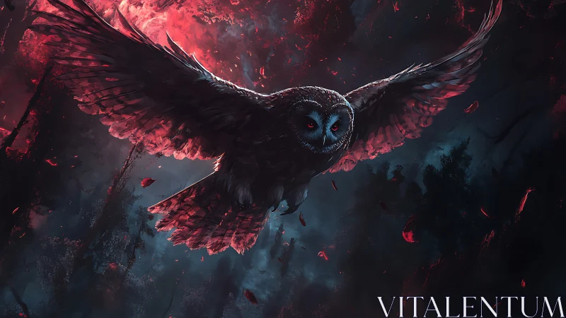 Nocturnal owl in flight against red moonlit forest sky.