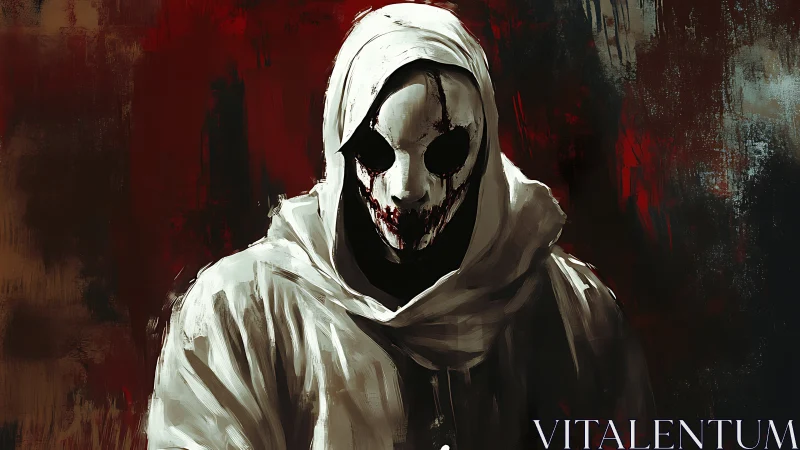 Hooded skull-masked figure looms in a dark, bloodied void