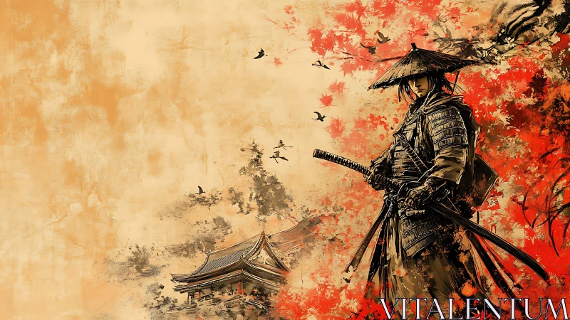 Samurai warrior in autumn forest near traditional temple.