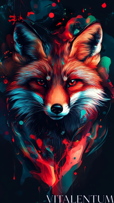 Vivid neon fox portrait glows amid abstract color bursts.