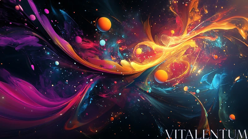 Abstract cosmic swirls with floating orbs in deep space.