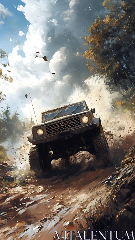 Off-road adventure truck charging through muddy forest trail.