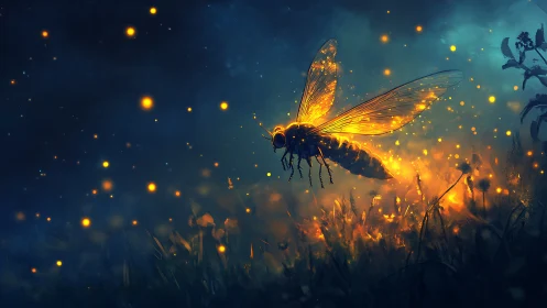 Giant luminous firefly hovers above glowing night meadow.