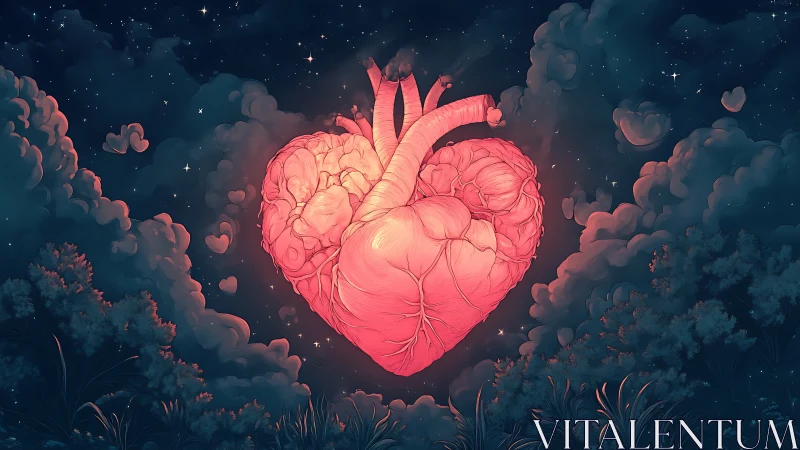 Glowing Anatomical Heart in Night Sky with Clouds.