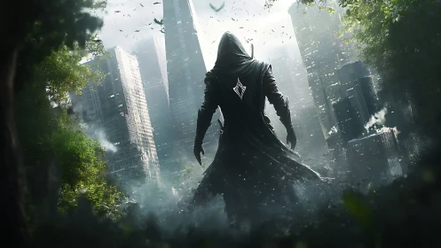 Hooded figure dominates misty post-urban canyon in backlight