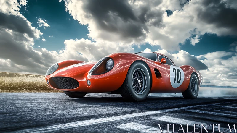 Red vintage race car accelerates on open track under clouds