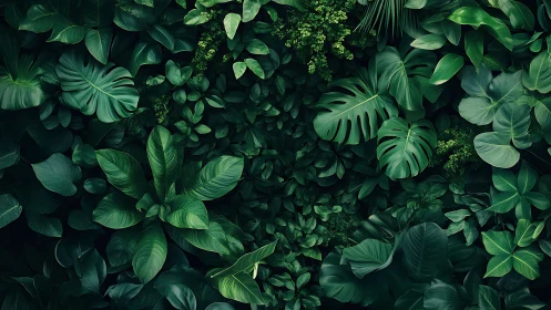 Dense tropical foliage background with layered green leaves.