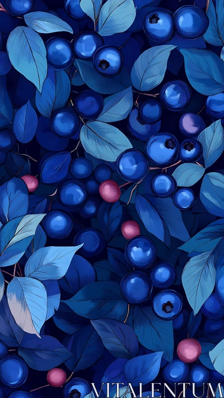 Digital painting of clustered blueberries with layered foliage pattern.