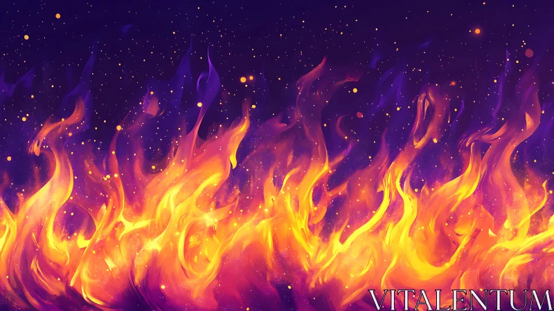 Ethereal Flames Rising Against Starlit Purple Cosmos Background