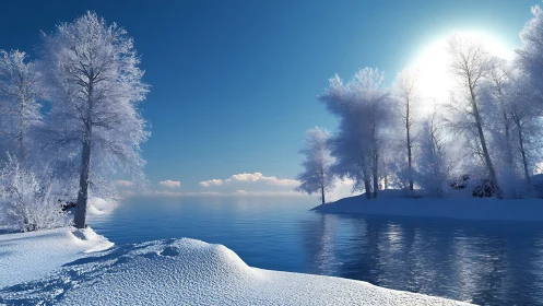 Winter shoreline with frost covered trees at calm lake.