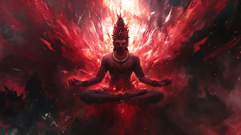 Mythic seated figure in red fiery abstract environment.