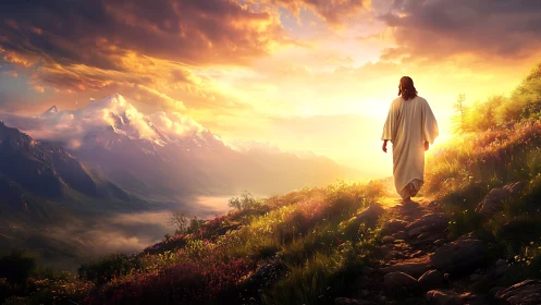 Serene robed figure walks toward radiant sunrise in mountains