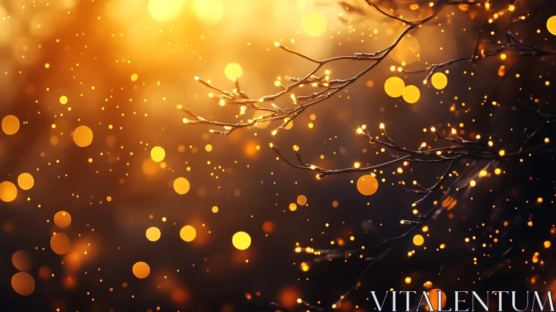 Backlit tree branches with golden bokeh particles in dusk light.