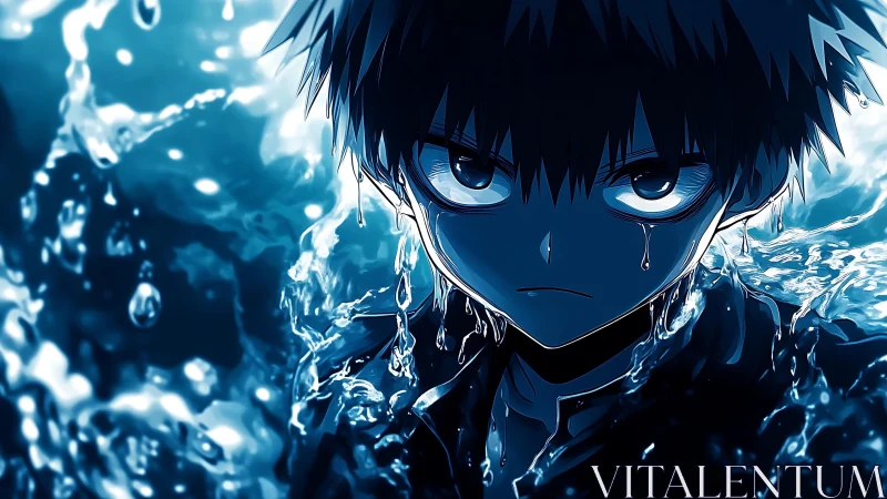 Anime boy portrait surrounded by dynamic blue water effects.