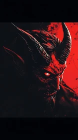 Brooding horned demon emerges from bold red shadows