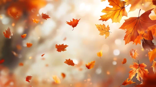 Leaves tumble like quiet fire through a sunlit autumn haze