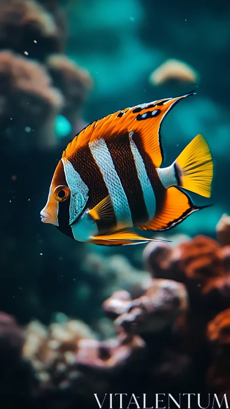 Striped reef fish in profile over softly blurred coral seascape