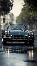 Low-angle wet-street study of classic convertible with chrome detailing