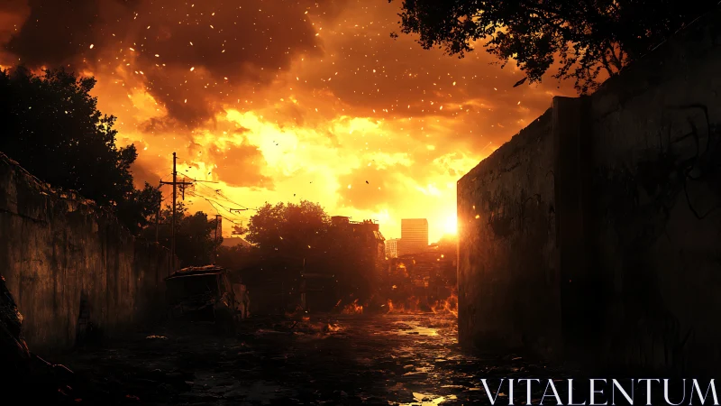 Post-apocalyptic urban alley under incendiary sunset light.