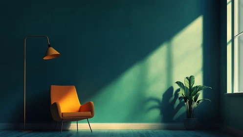 Sunlit teal interior with modern orange lounge chair.