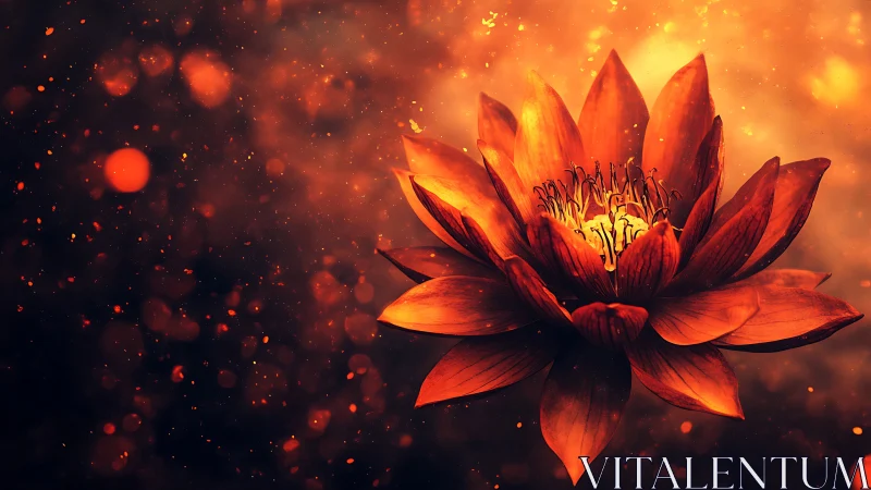 Ember lotus drifting through a twilight of falling sparks.