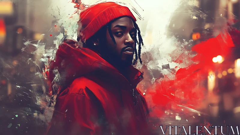 Digital painting portrait in red with urban abstract motion field.