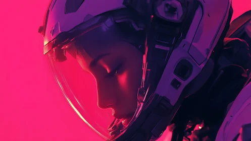 Solitary astronaut bows in neon glow of quiet reflection