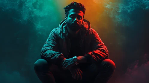 Moody portrait of man in neon haze with dramatic lighting.