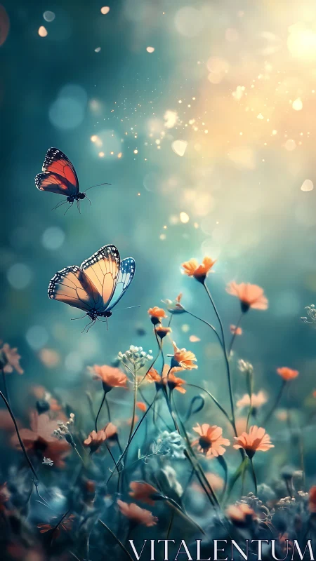 Macro study of monarch butterflies over bokeh wildflower meadow