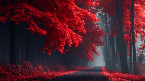 Crimson Woodland Beckons Through Mist-Shrouded Ancient Trees